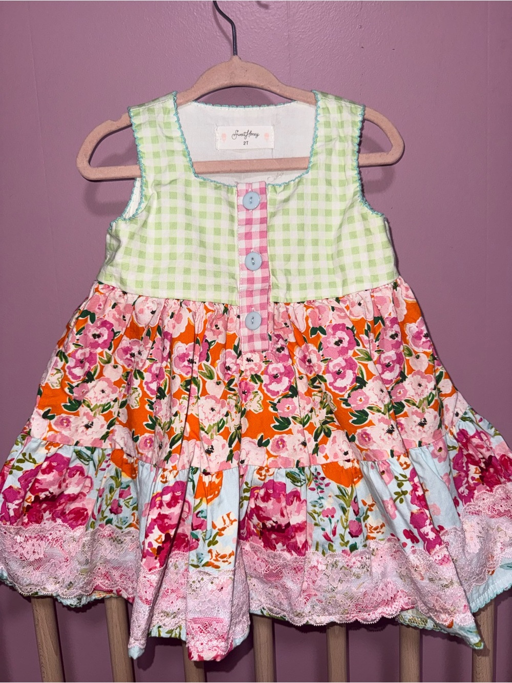 Sweet Honey Girls' Green & Pink Floral Tiered Dress